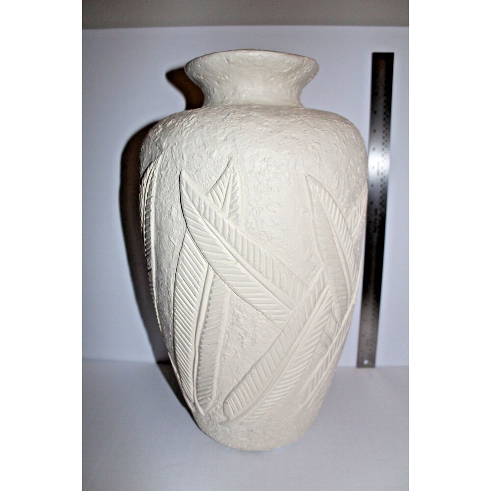 Heavy Plaster Vase with Leaf Frond Design 17"h